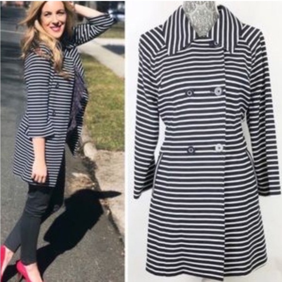 Cabi 5151 Maritime Navy Blue Stripe Knit Trench Jacket - Picture 1 of 11